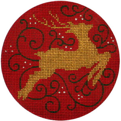 Amanda Lawford round Christmas ornament needlepoint canvas of a gold reindeer silhouette on a red background with green swirls