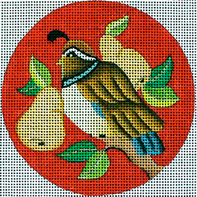 Amanda Lawford round needlepoint canvas of a Christmas ornament of a partridge in a pear tree from the song twelve days of Christmas on a red background