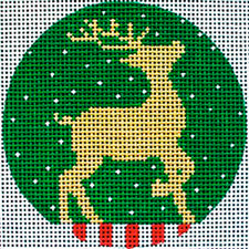 Round Christmas ornament Amanda Lawford needlepoint canvas of a gold reindeer silhouette on a green snowy background w candy stripe trim