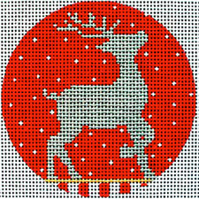 Amanda Lawford round Christmas ornament needlepoint canvas of a silver reindeer silhouette on a red snowy background with a candy stripe base