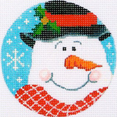 Vallerie Needlepoint Gallery Christmas and winter round needlepoint canvas of a whimsical smiling snowman wearing a top hat with holly leaves and a red scarf on a snowy background