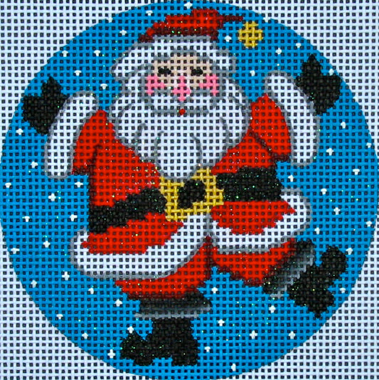 Vallerie Needlepoint Gallery round Christmas needlepoint canvas of a whimsical dancing Santa in the snow