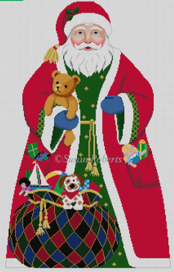 Susan Roberts needlepoint canvas of a traditional Christmas Santa standup with his toy bag and a teddy bear