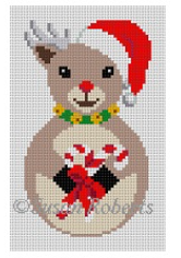 Susan Roberts Christmas ornament needlepoint canvas of a roly poly Rudolph the reindeer wearing a Santa hat and holding candy canes with a jingle bell collar