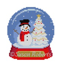 Susan Roberts Christmas needlepoint canvas of a snow globe with a snowman and a Christmas tree inside
