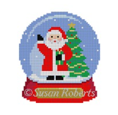 Susan Roberts needlepoint canvas of a Christmas snow globe with Santa and a Christmas tree inside
