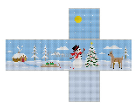 Susan Roberts needlepoint canvas of a three dimensional cube ornament of a snowman decorating a Christmas tree with a sled, a deer, and a log cabin