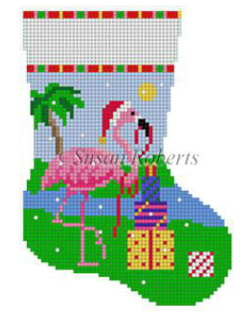 Susan Roberts mini sock needlepoint canvas of a flamingo in a Santa hat with a palm tree and presents - perfect for a tropical Christmas!