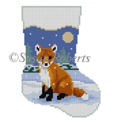 Susan Roberts mini sock needlepoint canvas of a fox in the snow at night