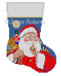 Susan Roberts needlepoint canvas mini stocking of Santa holding a bag of toys saying shhh