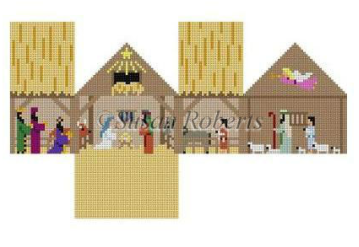 Susan Roberts Christmas needlepoint canvas of a 3d three dimensional house that is a traditional nativity with shepherds, wise men, and Mary and Joseph with the baby Jesus