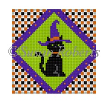 Susan Roberts Halloween needlepoint canvas of a black cat wearing a witch hat with geometric border