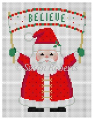 Susan Roberts Christmas needlepoint canvas of Santa Claus holding a banner that says "believe"