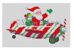Susan Roberts Christmas needlepoint canvas of Santa Clause flying a propeller airplane in a candy cane stripe pattern with his sack of presents