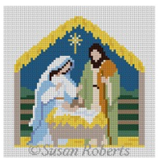 Susan Roberts Christmas needlepoint canvas of the nativity stable and creche with Mary and Joseph and baby Jesus