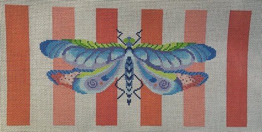 Blueberry Point needlepoint canvas of a dragonfly on coral pink stripes