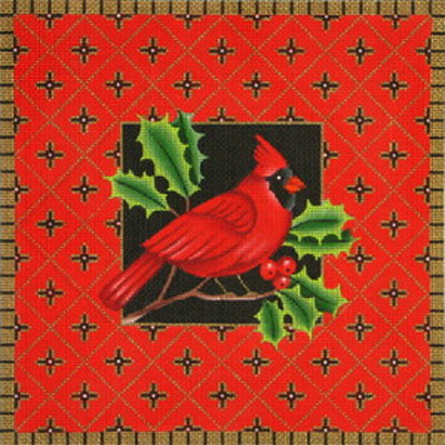 Amanda Lawford traditional needlepoint canvas of a cardinal on a holly tree branch with berries and a red diamond background