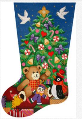 Vallerie Needlepoint Gallery needlepoint canvas of a Christmas stocking with a tree, two doves, and toys under the tree with a penguin