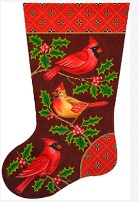 Vallerie Needlepoint Gallery needlepoint canvas of a Christmas stocking with three cardinals and holly leaves