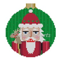 Susan Roberts Christmas ornament needlepoint canvas (round with ball top) of a Santa nutcracker with a reindeer