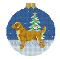 Susan Roberts Christmas ornament needlepoint canvas (round with ball top) of a Golden Retriever dog in the snow with a decorated Christmas tree in the background