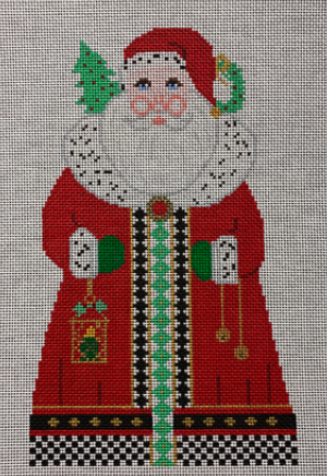 Vallerie Needlepoint Gallery needlepoint canvas of a Santa wearing a red coat with royal ermine trim with a christmas tree and a wreath