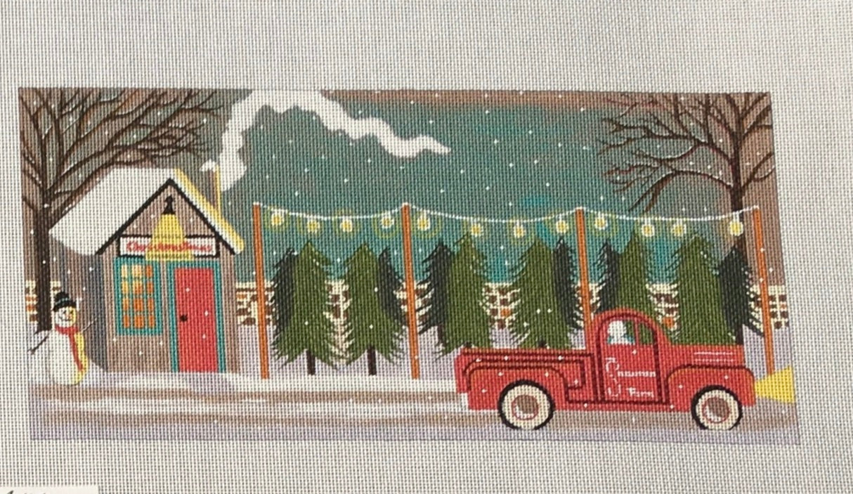 Mary Charles for Painted Pony Christmas needlepoint canvas of a christmas tree lot with a red antique pickup truck and a snowman