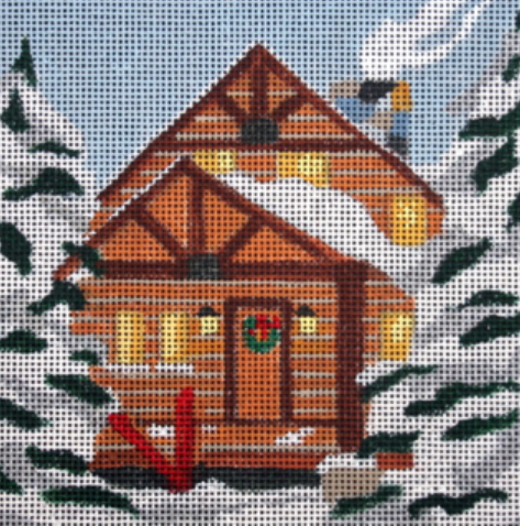 Melissa Prince needlepoint canvas of a wood cabin with a wreath on the door surrounded by snow and pine trees