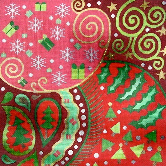 Amanda Lawford needlepoint canvas of geometric pattern filled with Christmas trees holly leaves and presents