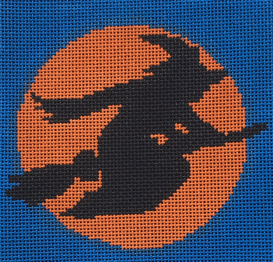 Amanda Lawford witch silhouette over orange moon on blue background needlepoint canvas for Halloween