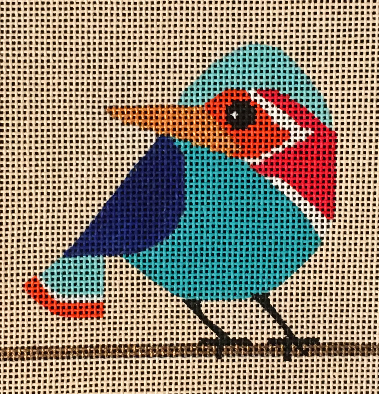 Amanda Lawford bright mod bird needlepoint canvas from Vallerie Needlepoint Gallery sized as a 4 x 4 insert or a coaster