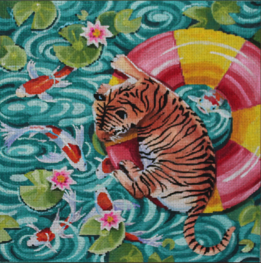 Colors of Praise needlepoint canvas of a tiger floating on an inner tube watching koi fish