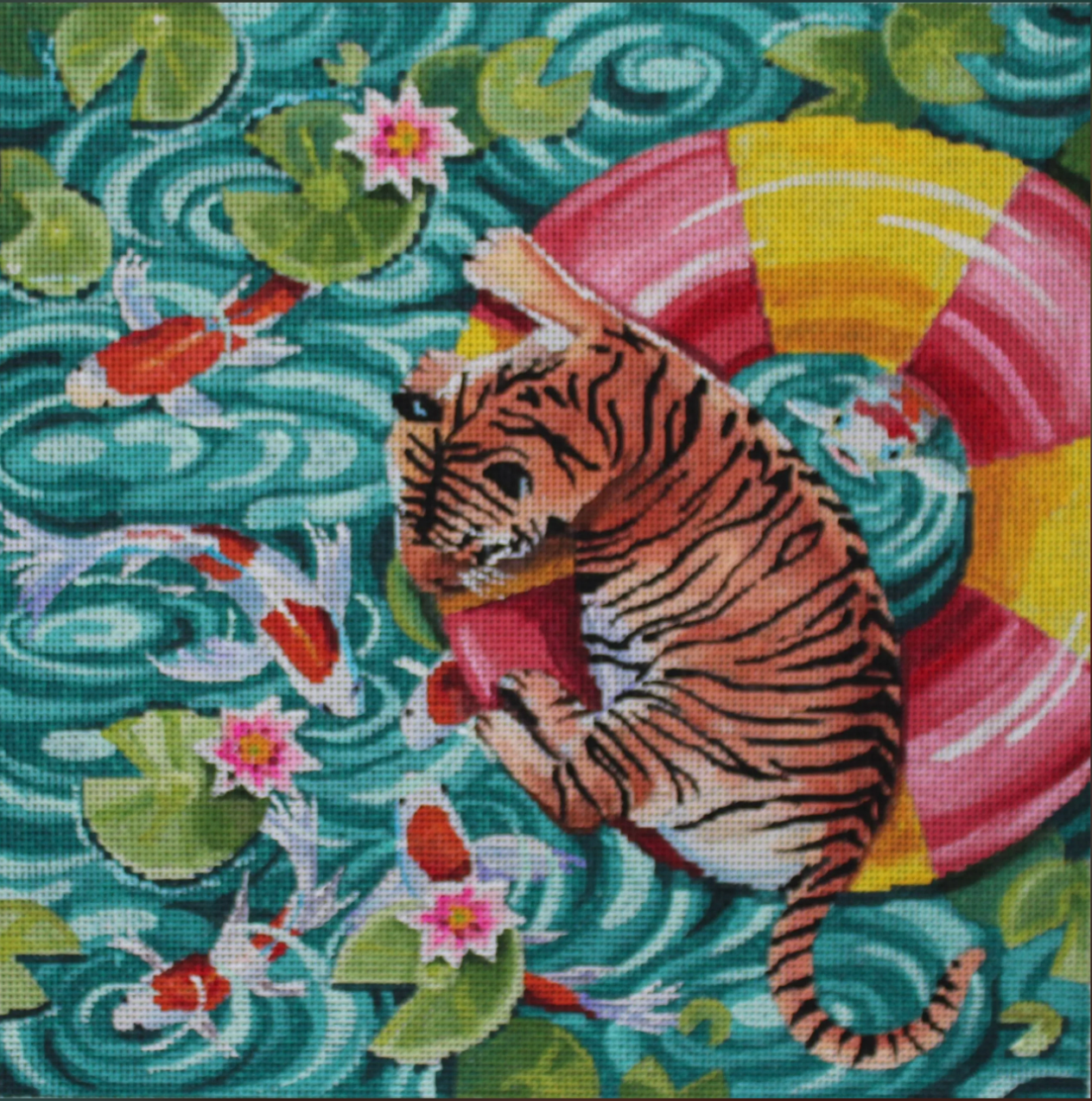 Colors of Praise needlepoint canvas of a tiger floating on an inner tube watching koi fish