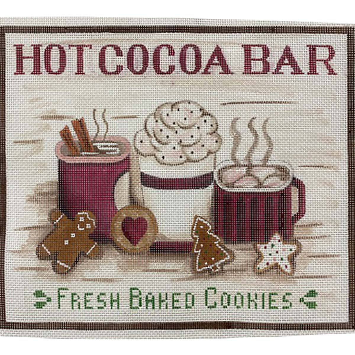 Alice Peterson needlepoint canvas of a hot cocoa bar with three mugs and cookies with a sign saying "fresh baked cookies"
