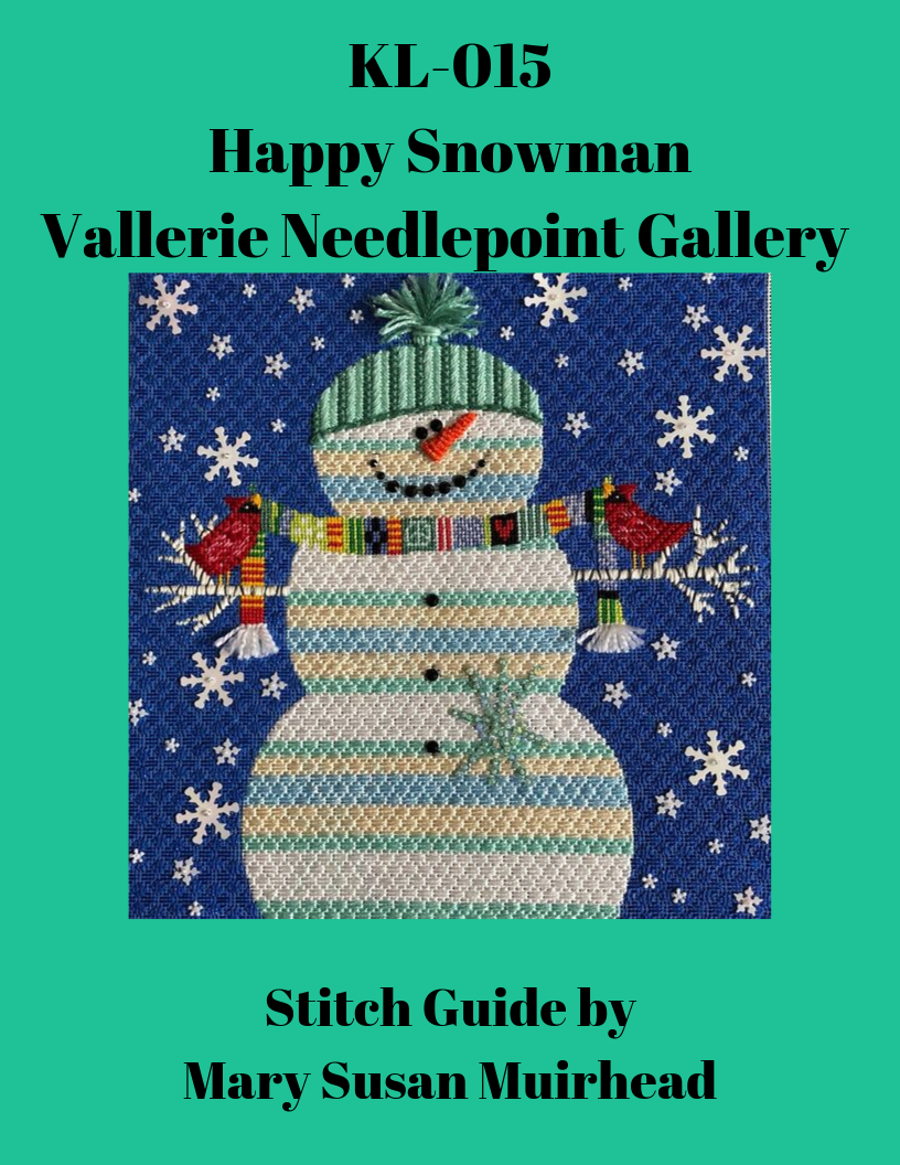 Vallerie Needlepoint Gallery snowman stitch guide with scarf, cardinals and large snowflakes in the background