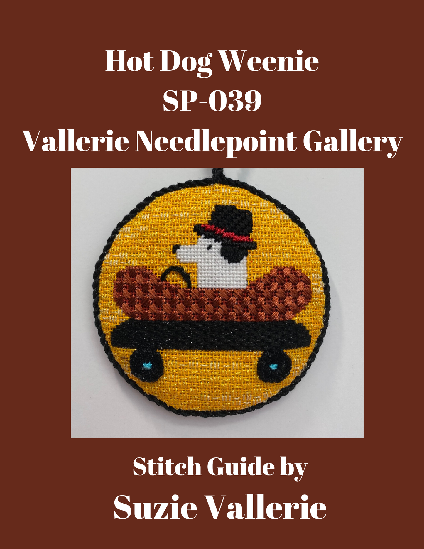 Stitch guide for Vallerie Needlepoint Gallery needlepoint canvas of a weenie dog in a hot dog shaped car