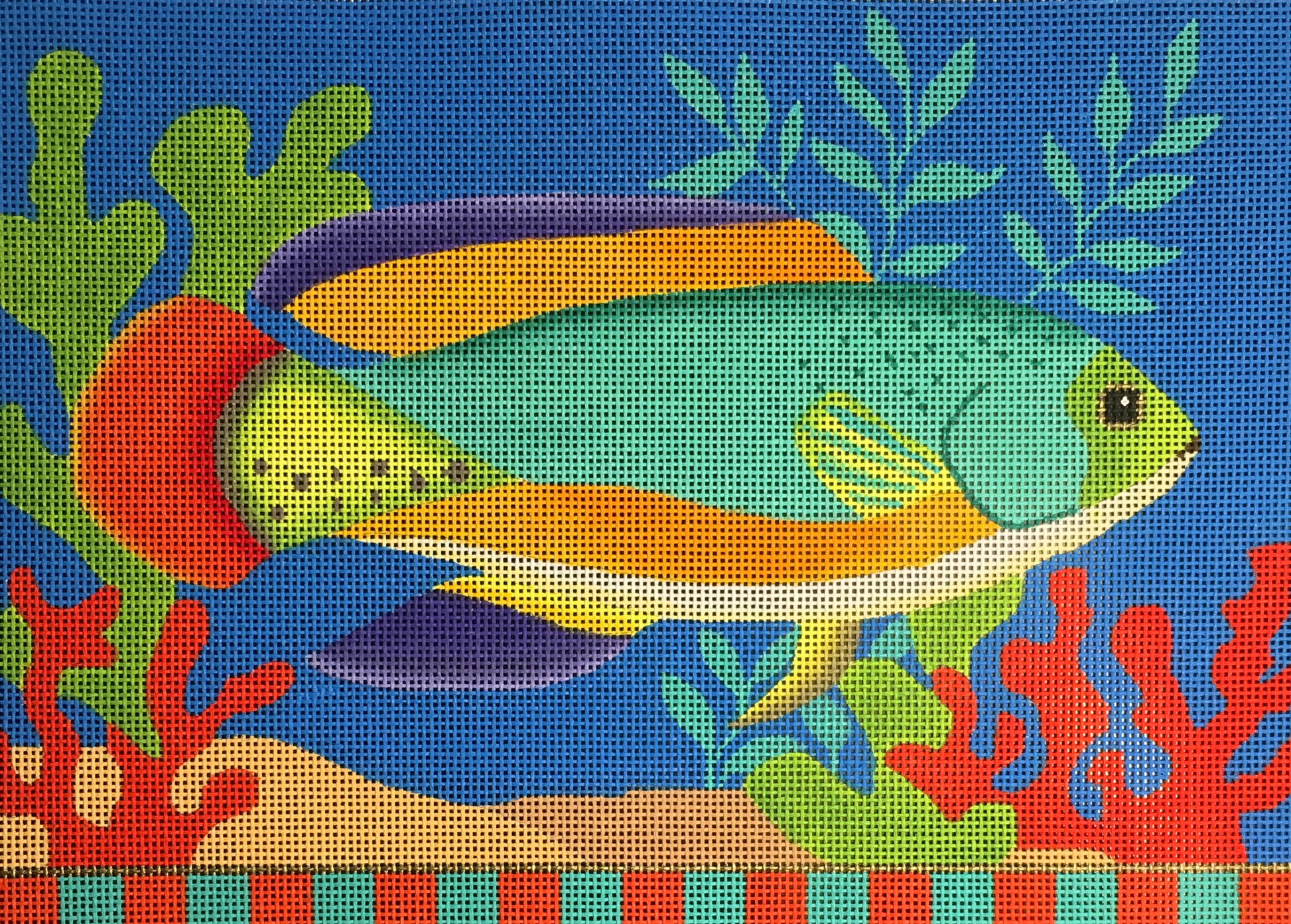 Amanda Lawford bright tropical fish needlepoint canvas with checkered border