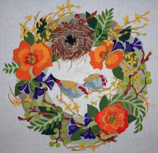 Melissa Prince spring needlepoint canvas of a wreath with flowers and a bird's nest with two finches