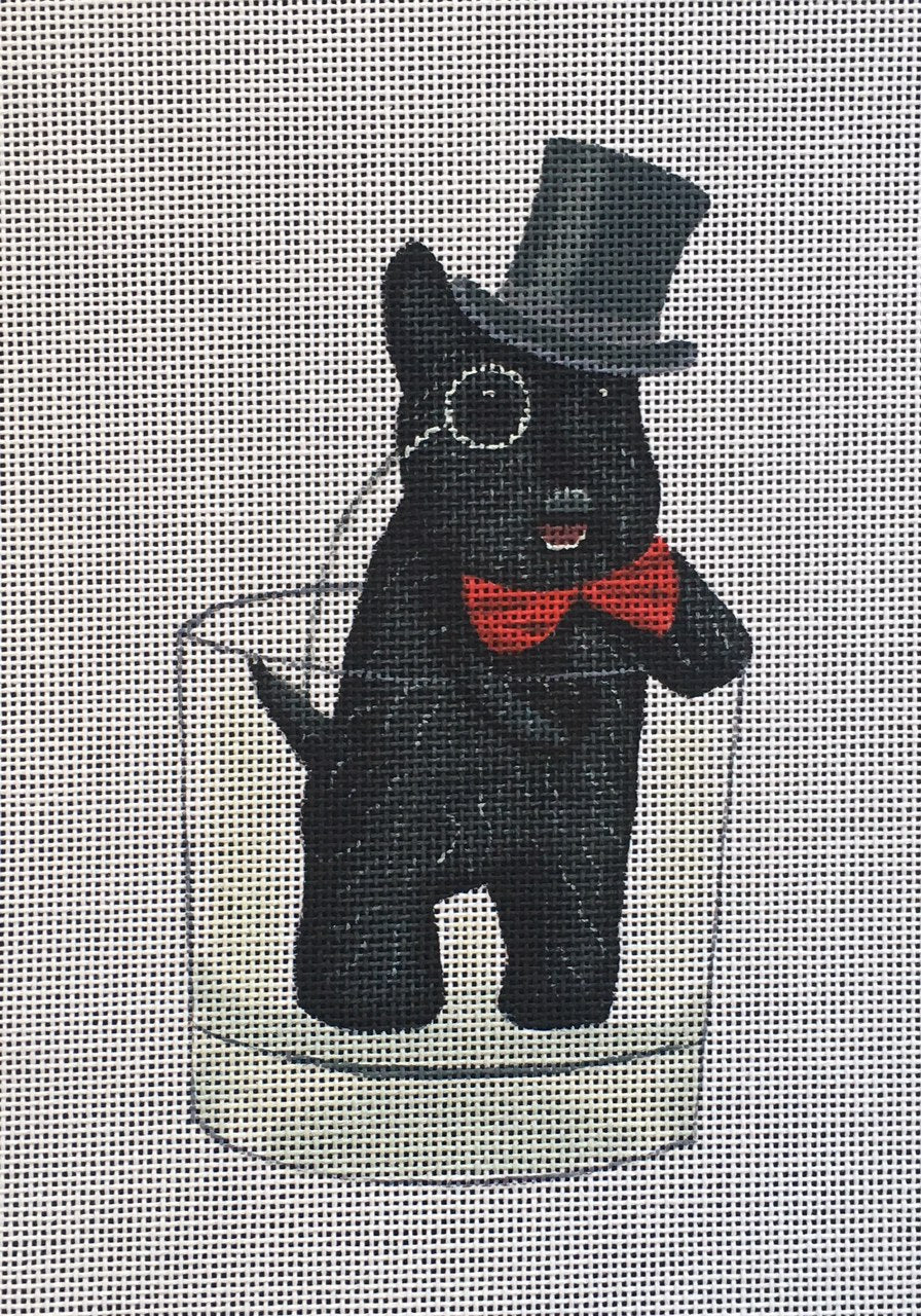 Fab Funky whimsical needlepoint canvas of a Scottie Scottish terrier dog wearing a top hat, bowtie, and monocle looking dapper in a Scotch whiskey glass