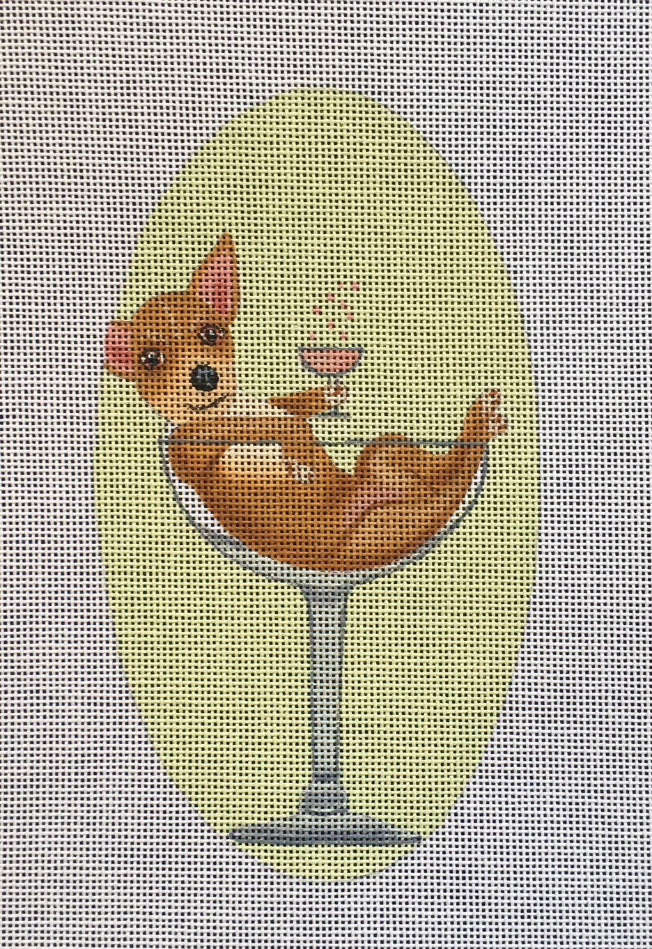 Fab Funky whimsical oval needlepoint canvas of a chihuahua dog in a glass drinking a tiny glass of champagne