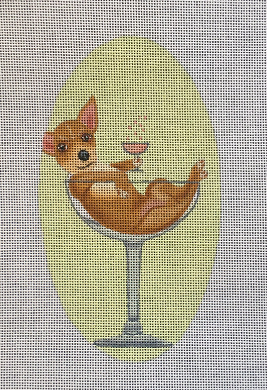 Fab Funky whimsical oval needlepoint canvas of a chihuahua dog in a glass drinking a tiny glass of champagne