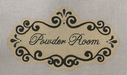 Pepperberry needlepoint canvas of a sign that says "powder room" with a swirling border