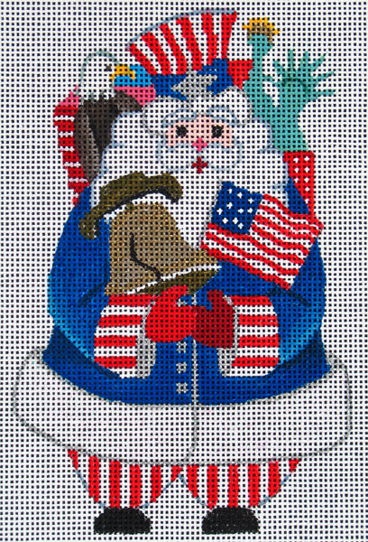 DC Designs Christmas needlepoint canvas of a patriotic American Santa with a flag, an Uncle Sam hat, a bald eagle, the Liberty Bell, and the Statue of Liberty