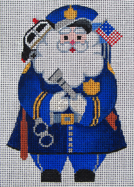 DC Designs Christmas needlepoint of a police officer Santa with a flashlight and handcuffs and an American flag