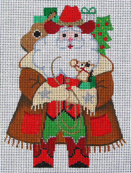 DC Designs Christmas needlepoint canvas of a Santa dressed as a cowboy with a guitar, cowboy hat, and cowboy boots and a leather jacket