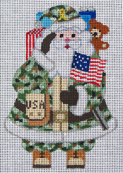 DC Designs Christmas needlepoint canvas of a Santa wearing a camouflage coat with a bag of presents and an American flag saluting
