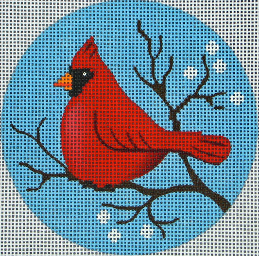 DC designs round needlepoint canvas of a cardinal on a winter tree branch with snow