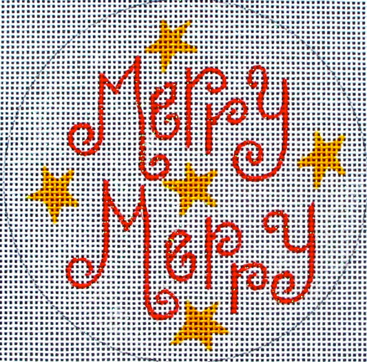DC designs round needlepoint canvas that says "merry merry" in red on a white background with gold stars