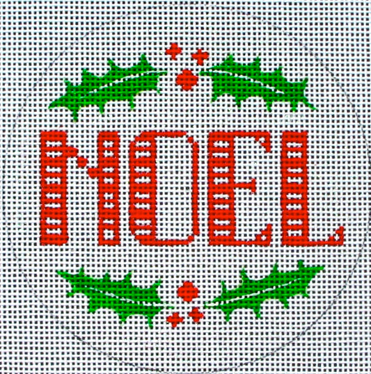 DC designs round needlepoint canvas of the word "noel" in candy stripe with holly berries and leaves