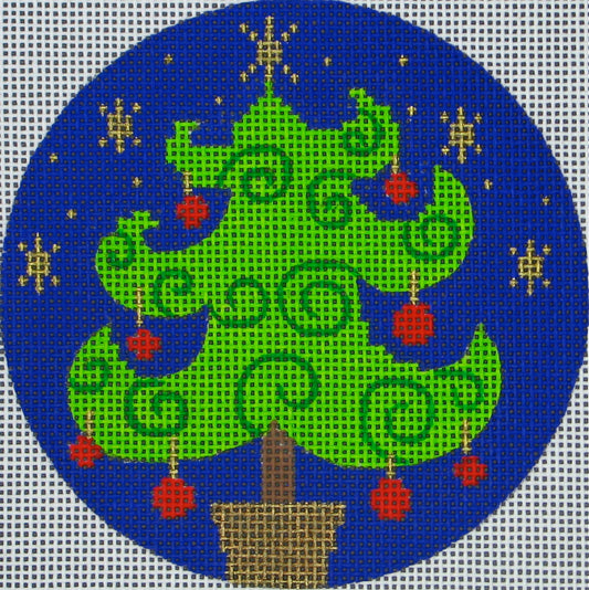 DC designs round Christmas ornament needlepoint canvas of a whimsical christmas tree with swirls on a blue background with gold stars